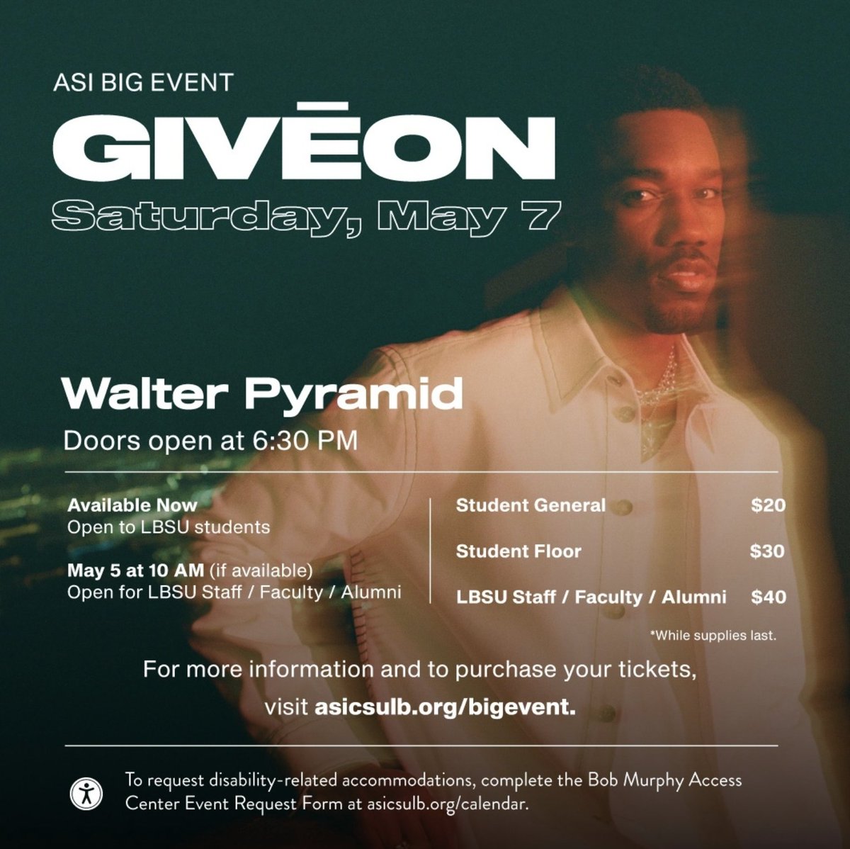 aliciatrends's tweet photo. JUST IN: @giveon is performing at the Walter Pyramid on May 7th for the @CSULBASI Big Event! @CSULB students get your tickets now. 🥳🎶💛🖤🦈🔷 https://t.co/bMjzS6frow #ASIBigEvent https://t.co/Be1vac82uV