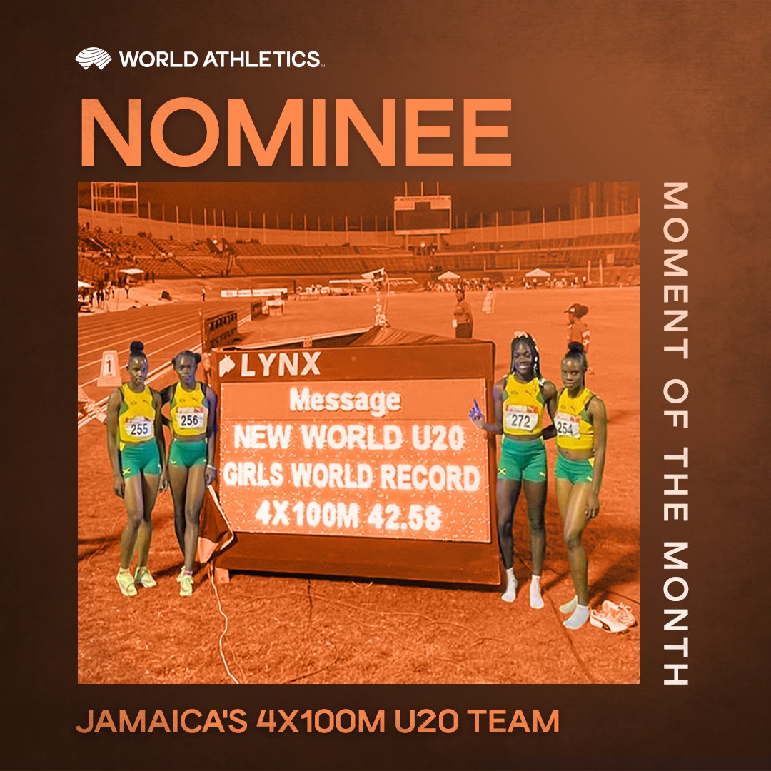 🔄 Retweet to vote for Team Jamaica 🇯🇲 (Serena Cole, Tia Clayton, Brianna Lyston and Tina Clayton) following their 4x100m world U20 record of 42.58 at the @CariftaTandF.
