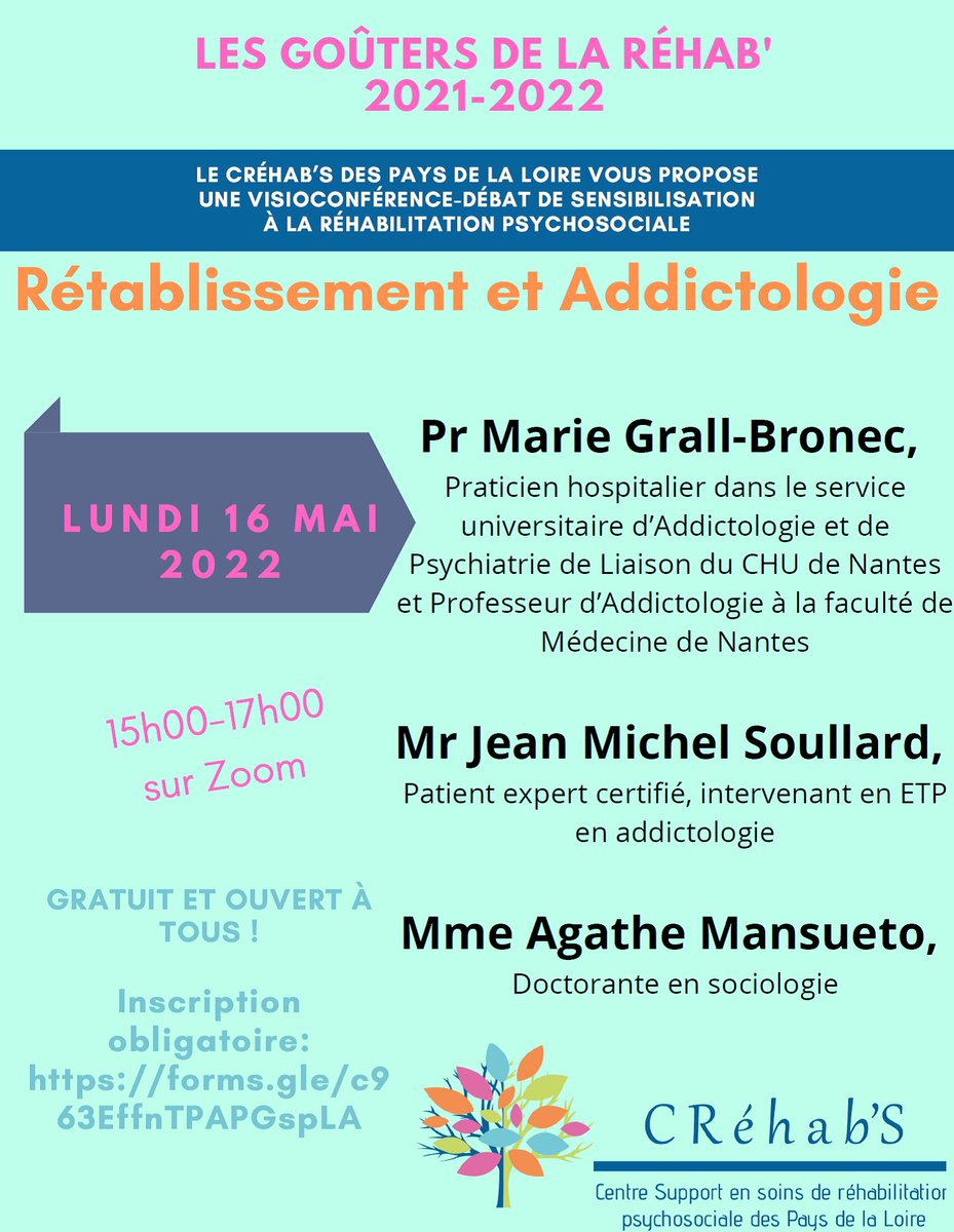 🚩🚩🚩PROCHAIN GOUTER DE LA REHAB
16 mai 2022 de 15h à 17h via Zoom. 
⚠Attention, cette visioconférence ne sera pas enregistrée. 
Pour valider votre inscription, merci de vous inscrire sur ce lien :  forms.gle/c963EffnTPAPGs…
