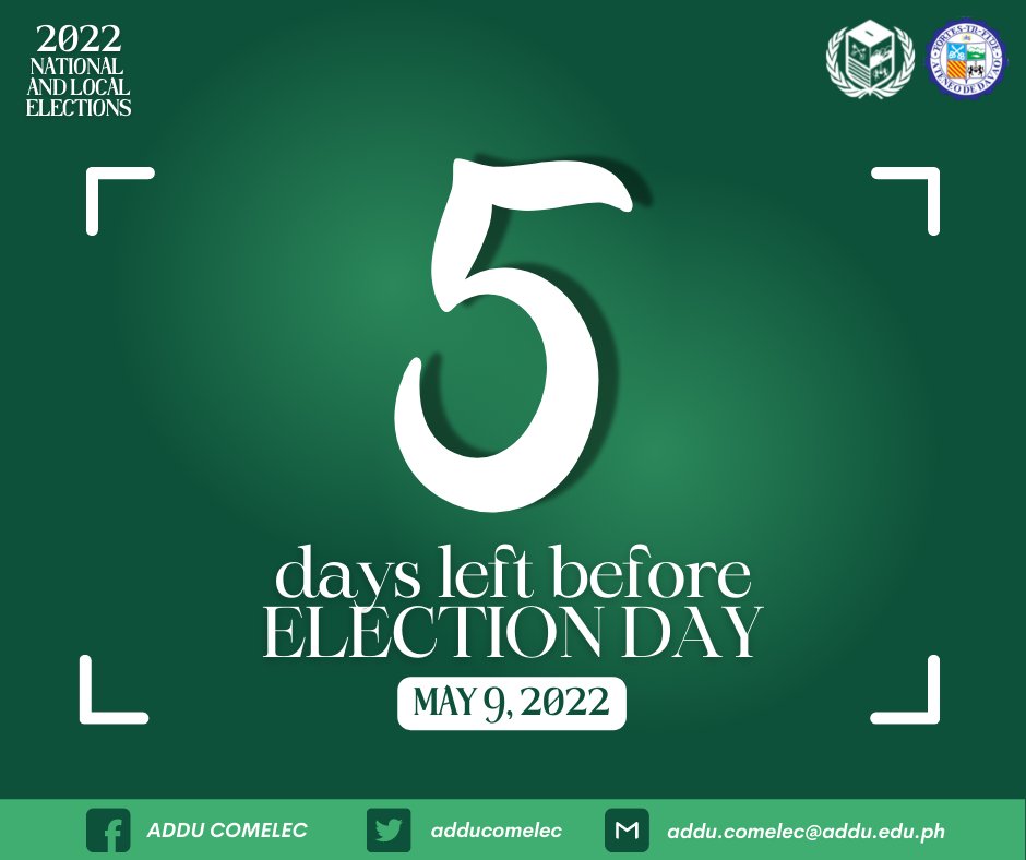 adducomelec's tweet photo. COUNTDOWN | National and Local Elections are on May 9, 2022.
Ateneans, we only have 5 DAYS left before the election day. Let us wield our power to vote for the people and the nation!
#VoteSAFEPilipinas
#NLE2022
#PowerToVote https://t.co/QWbmEdY5EU