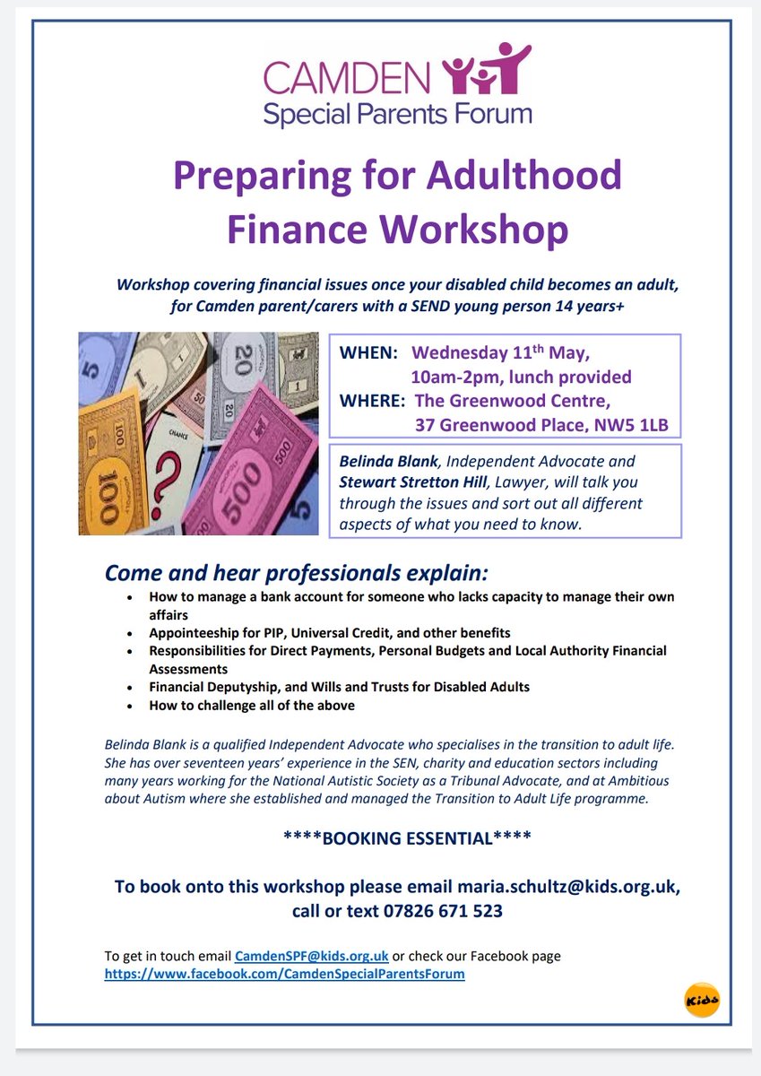PfA Finance Workshop for Camden families next week - for those whose young people will lack capacity to manage their own affairs in adulthood. Really good speaker & a great chance to get informed ask questions. Contact us for more info or to book your place.
