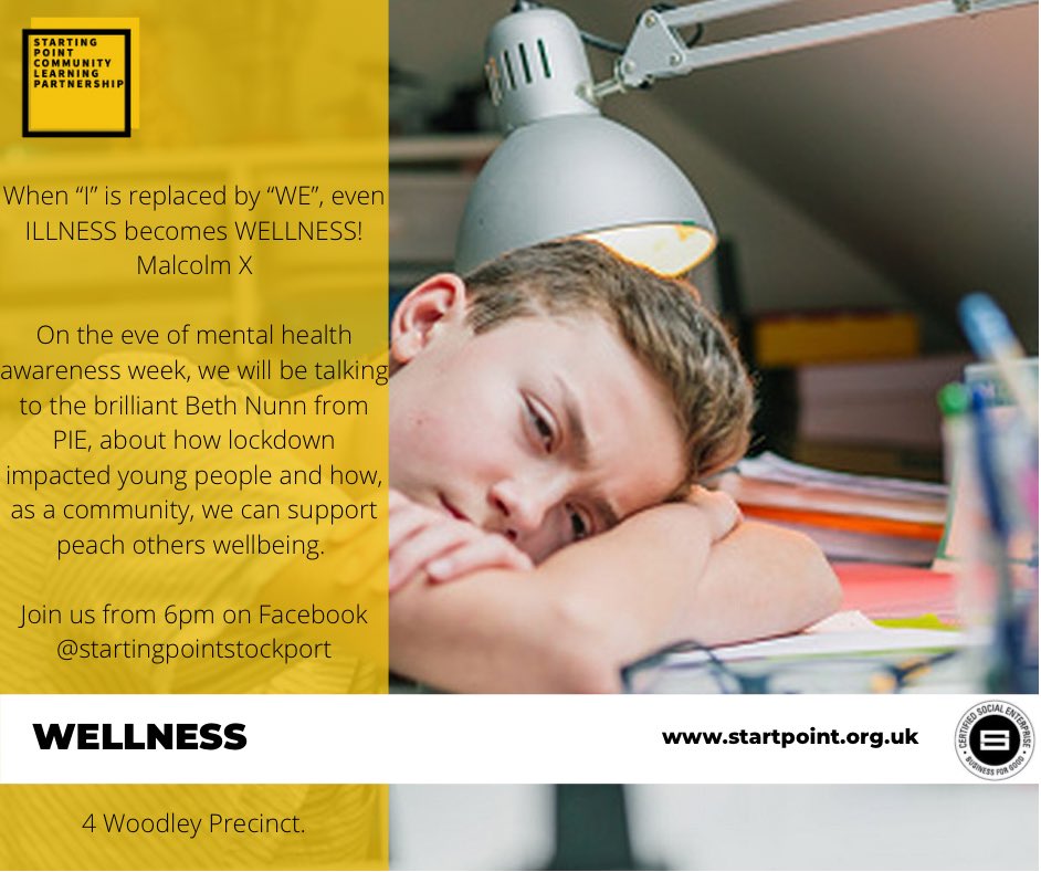 On the eve of #MentalHealthAwarenessWeek we talk to the brilliant Beth Nunn from <a href="/pieuksocial/">PIE: Pursuing Individual Excellence</a> about how #lockdown impacted young people and how, as a community, we can support one another. ⏰ Join us live at 6pm on Facebook ⏰ #stockport #communityhealth