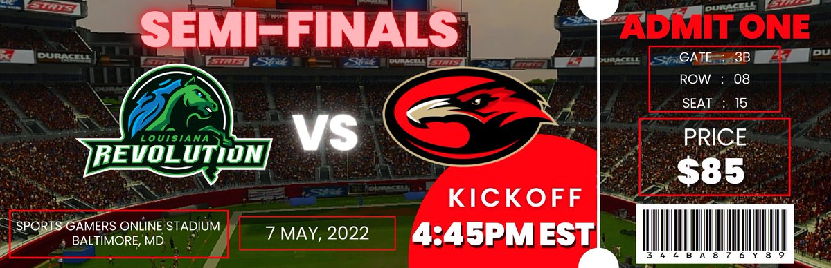SFLRevolution's tweet photo. Grab those 🎟tickets🎟 and head to @SportsGamersOn Stadium on May 7th for the Revs' Semi-Final matchup vs. defending champs @SFL_Vultures. Let's bring the Swamp to the northeast!!! #RevUp #SwampInvasion @simulationfl #HoumaStrong https://t.co/iDOBfHAaVB