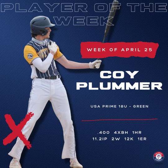 🌟PLAYER OF THE WEEK 🌟

Congrats to ‘22 Coy Plummer from South Lyon HS on earning USA Prime Player of the Week‼️ Coy is a member of USA Prime 18u Green and is a <a href="/waynestbaseball/">Wayne State Baseball</a> commit #PrimeOnTop #PrimeMovement