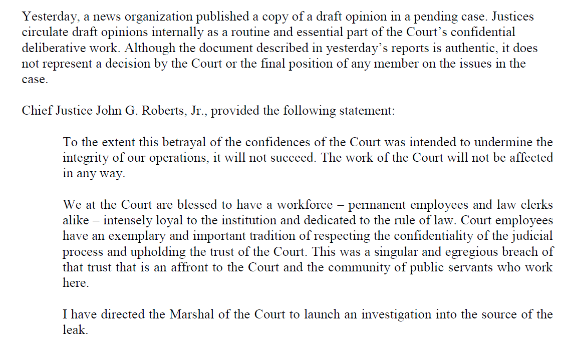 lawrencehurley's tweet photo. Supreme Court statement confirms that leaked document is authentic. Chief Justice orders investigation: https://t.co/S1X5nwwfMB
