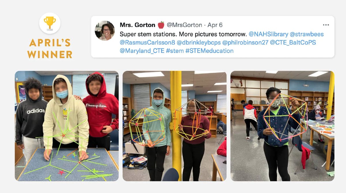 strawbees's tweet photo. ❤️🍎 How to engage more students with STEM? 

Ask @MrsGorton, a Tech ed engineering teacher - middle school- grades 6, 7 &amp; 8 #teamBCPS who just won the April #strawbeeschallenge 🙌🎉👏

#winner 
#congrats
#featureateacher 
#stemchallenge https://t.co/CEFx8NSokf