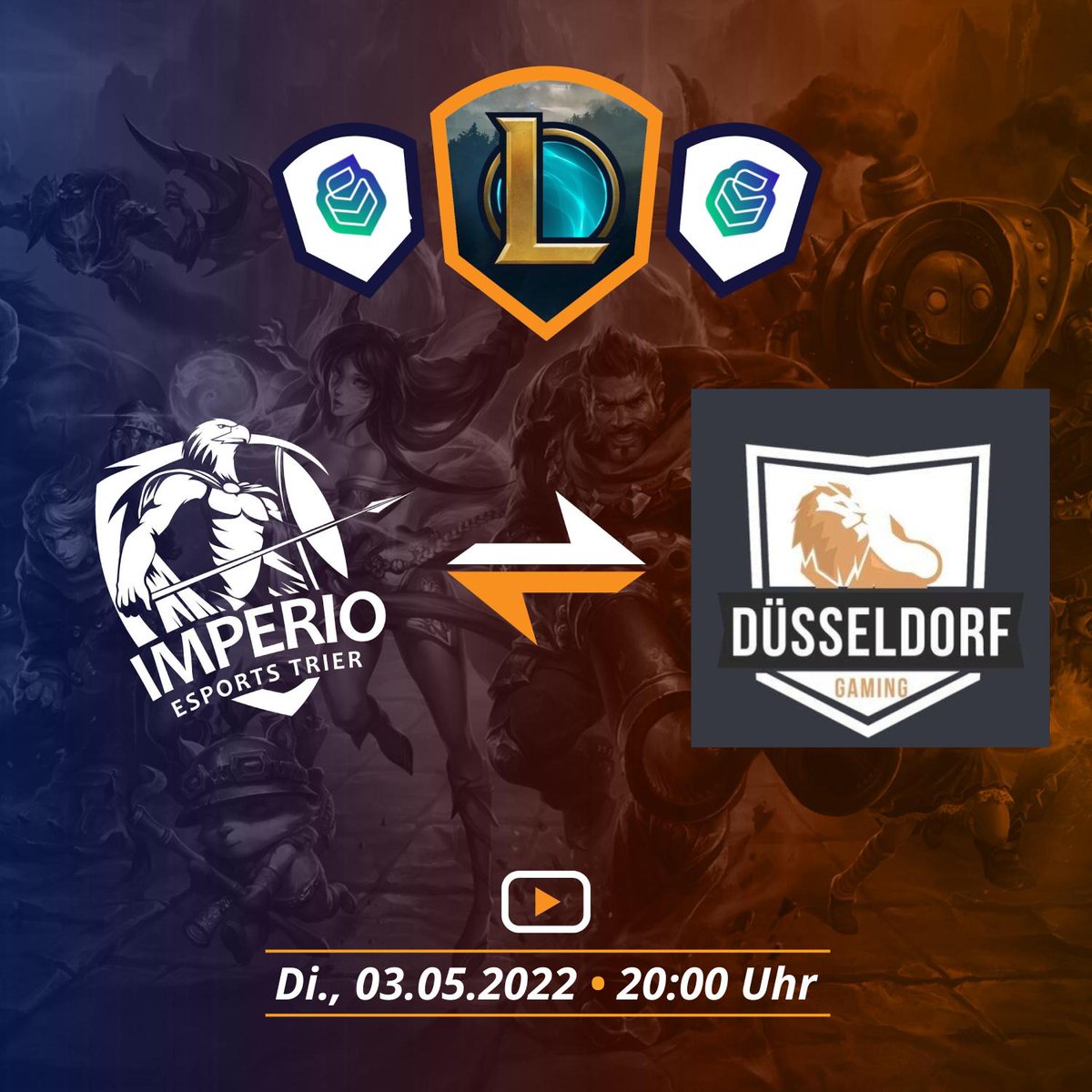 Und hier haben wir auch die heutigen Begegnungen:

Unser Main Team eröffnet gegen TH I-Sports Blue!
Unsere Gladiators müssen gegen <a href="/ddorf_gaming/">Düsseldorf Gaming</a> Dababy ran.

Wir hoffen auf spannende und gute Spiele!