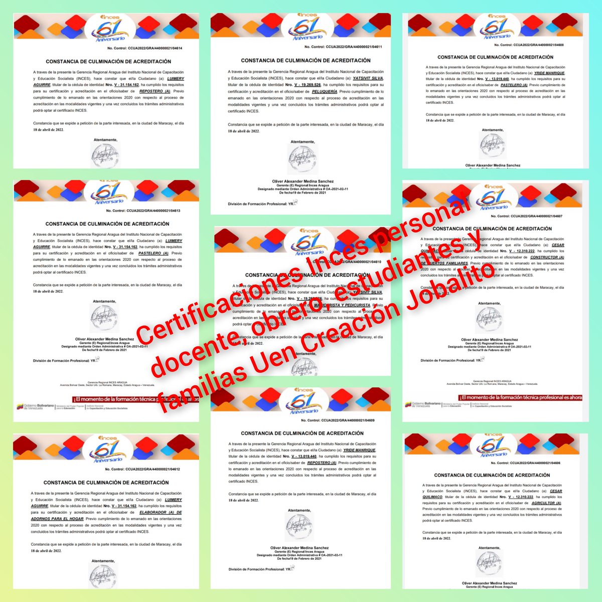 Celebramos la certificación en saberes al personal docente, obrero, estudiantes y padres de familia. ¡La educación es de todos y para todos! <a href="/NicolasMaduro/">Nicolás Maduro</a> <a href="/Soykarinacarpio/">Karina Carpio</a> <a href="/juancarlospsuv/">Juan Carlos Sanchez</a> <a href="/yelitzePSUV_/">Yelitze Santaella</a> <a href="/leoalvacabrera/">Prof. Leonardo Alvarado</a> <a href="/MYovao120/">Yobany Marchena</a> @ZE_Aragua @MPPEDUCACION <a href="/AlcaldiaRibasLV/">Alcaldía del Municipio José Félix Ribas</a>