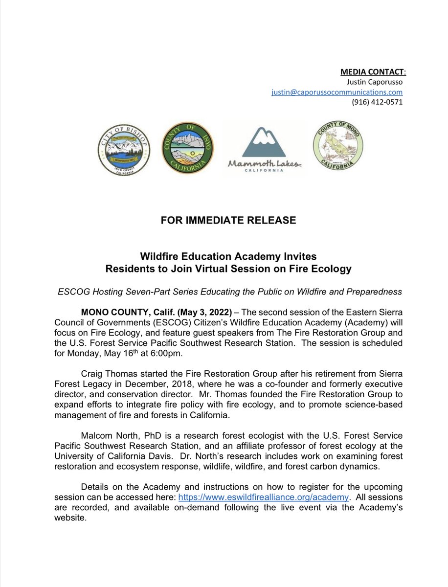 countyofmono's tweet photo. FOR IMMEDIATE RELEASE: Wildfire Education Academy Invites Residents to Join Virtual Session on Fire Ecology
Press Release: https://t.co/2MYM8nFSLd
Details: https://t.co/lY5did69Cb
#MonoCounty #InyoCounty #ESCOG #wildfire #cawildfires https://t.co/1srQZHtxOf