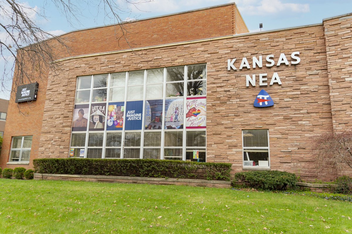 createuplift's tweet image. Celebrating #TeachersDay by highlighting our work with Kansas NEA. Last year we helped mobilize a call for Kansas high school students to submit their artwork, and tell us what justice meant to them. The winning artwork is now displayed on the building exterior.