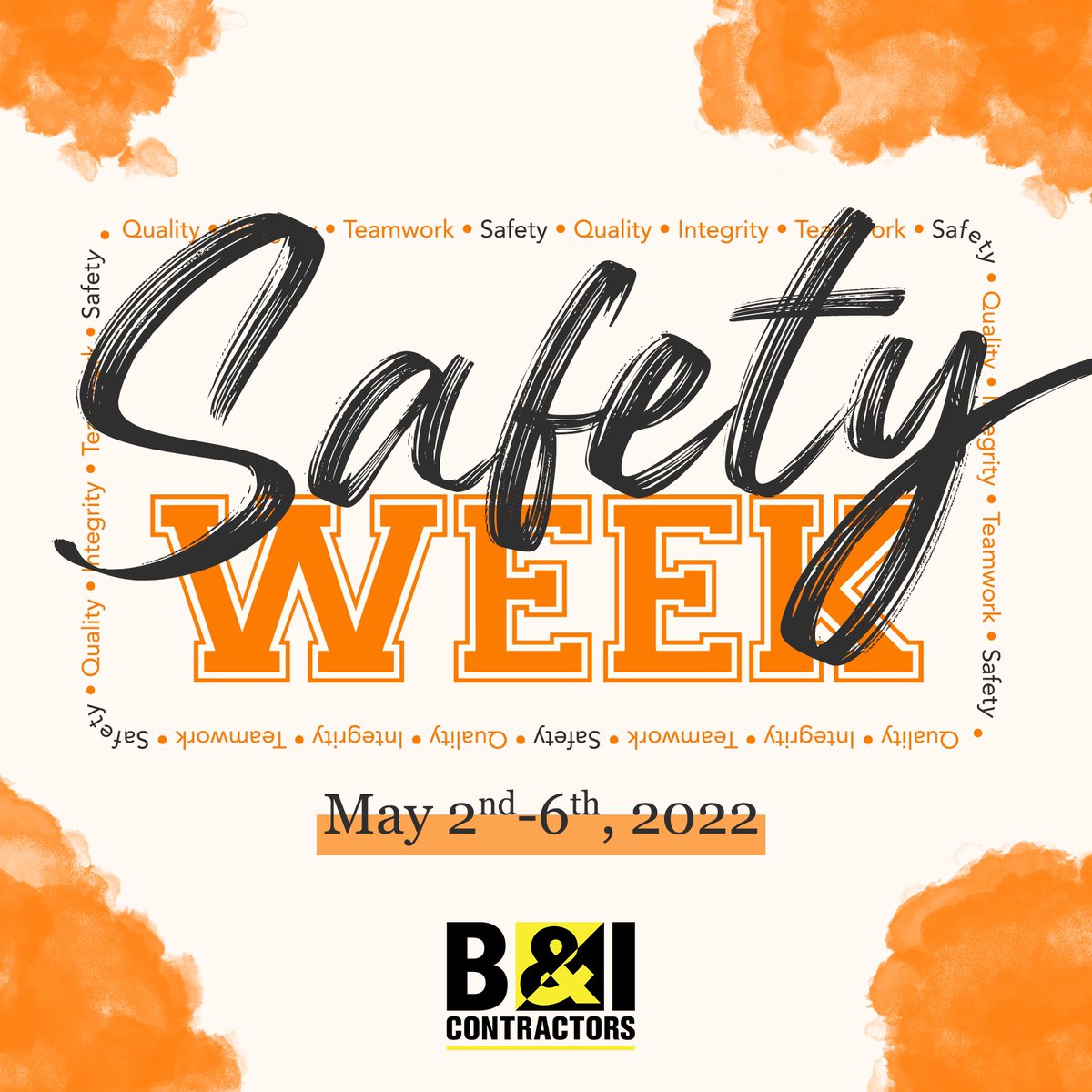 During the first week of May, B&amp;I joins the National Construction Safety Week celebration! Here at B&amp;I, safety is one of our core values and a guiding principle for every decision we make.
  
#Safety #SafetyWeek #BandI #BandITeam #SpecialtyContractor  #Contractor
