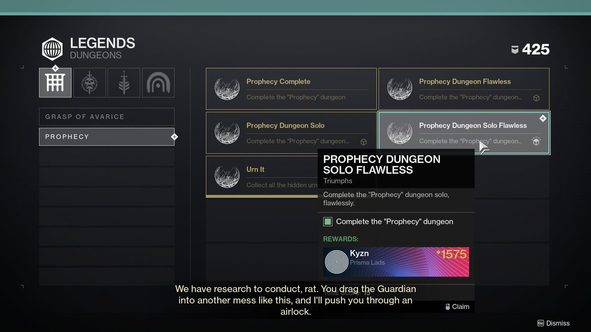 KyznLad's tweet photo. Finally got solo flawless for the prophecy dungeon.
Had a solid 8-9hrs of disappointment trying to get this but got it. This emblem is clean as https://t.co/uGwaPETncI
