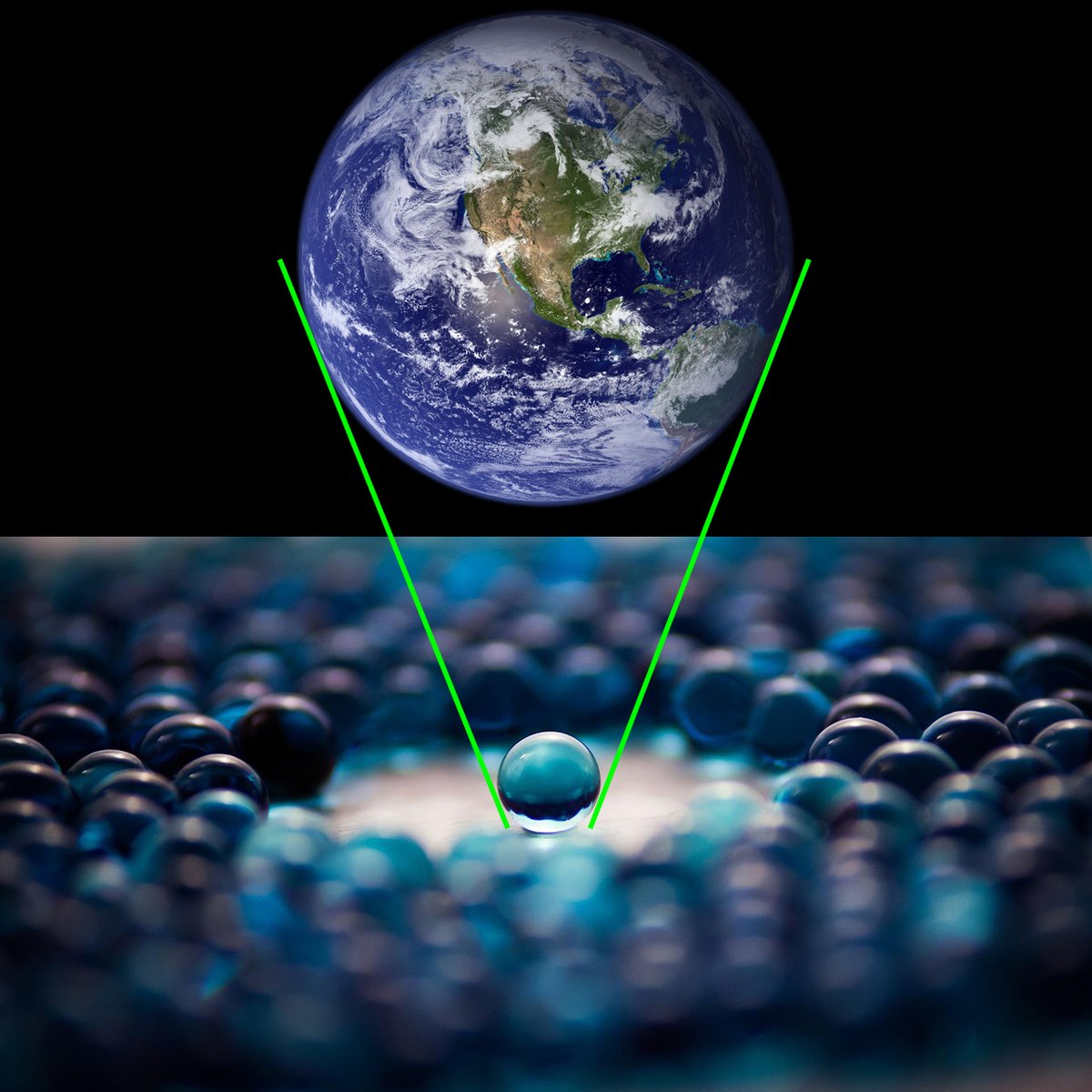 The top half of this image is a NASA image of Earth from space. The bottom half of this image shows a several marbles. A single marble in the center is more in focus than the others and is somewhat separate from the group. Lines extend from the sides of the single marble to the sides of image of Earth.