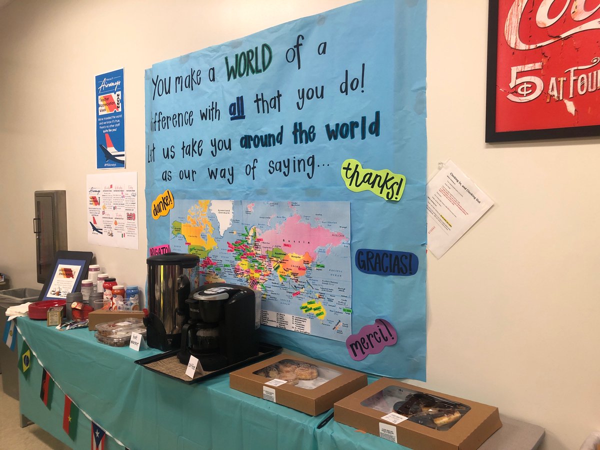 swagner1488's tweet photo. Our teacher appreciation trip around the world continues! Thankful for the treats this morning 😊 #M9Airways https://t.co/ofVZuwCtHQ