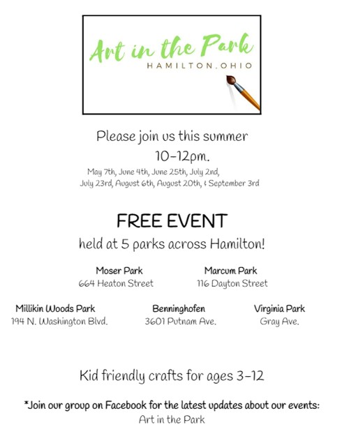 Art in the Park begins Saturday, May 7th. This is a FREE community event in Hamilton, Ohio! Join in the fun all Summer! Choose any park that is convenient for you.
hamiltoncityschools.com/4/News/2419