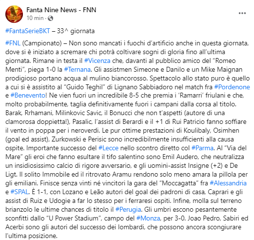 fanta9news's tweet photo. I risultati della 33^ giornata del #fantacalcio di #Fantanine: #FNL (Campionato), #FNA, #FNGp e #FNBR.
La classifica si è un po’ chiarita, un po’ eh...
#FantaSerieBKT https://t.co/WC4QF6Tl9J