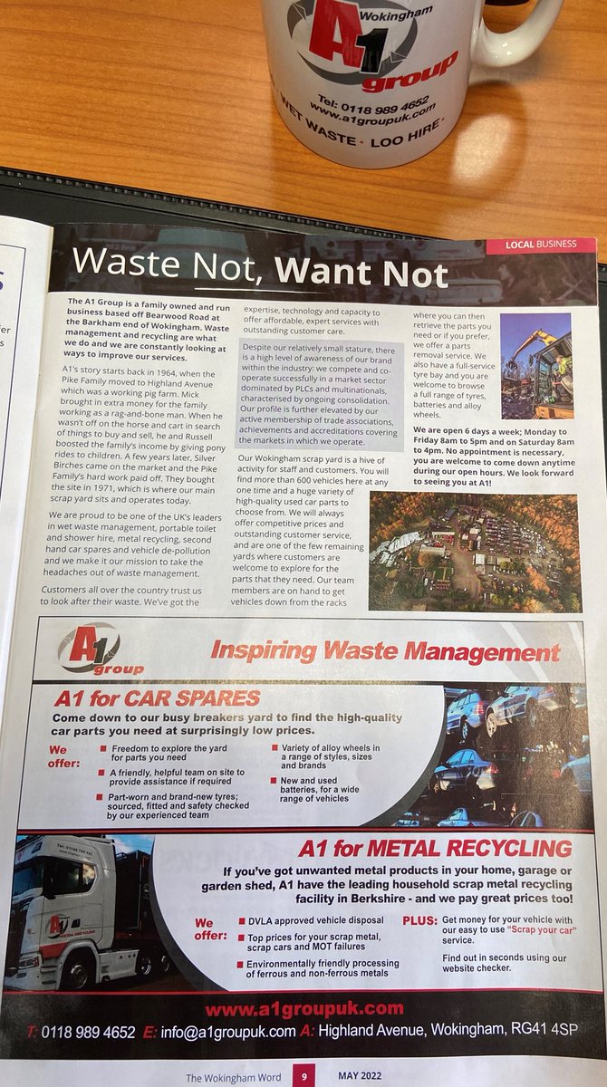 We are in print! Check out the May issue of The Wokingham Word.  We look forward to welcoming you down to our friendly and helpful yard here A1 Group a1groupuk.com 
#thewokinghamword #thelocalword #editorial #advertorial