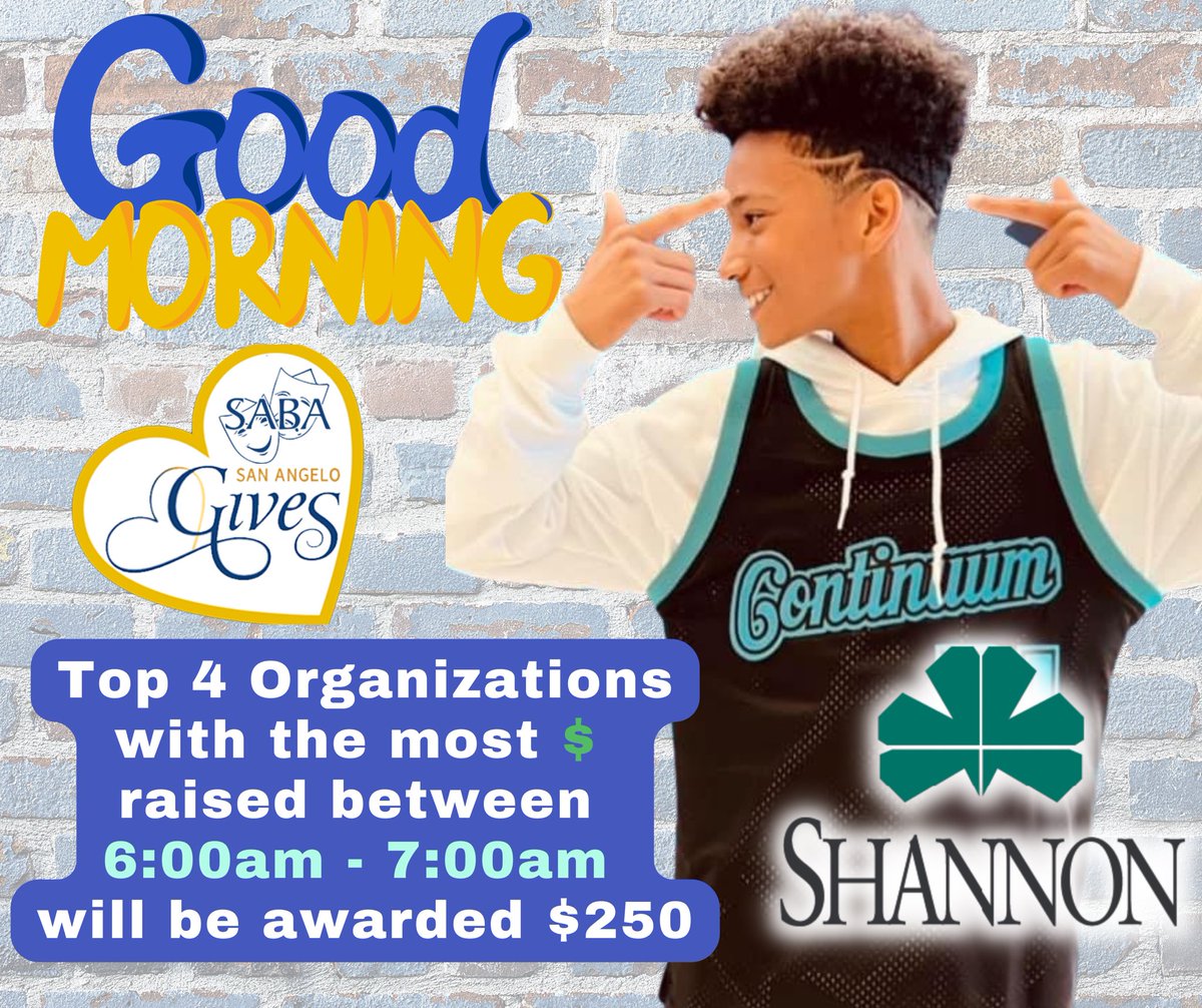 SABAKIDSTX's tweet photo. 💙Good Morning San Angelo! 💙

Donate to SABA here! ⬇️
https://t.co/w5vSDO0dWG

#sanangelogives2022 #sanangelogives #sabakidstx https://t.co/hSbF3pRRw2
