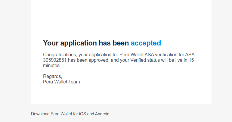 Our Pera Wallet reverification application has been accepted. AGNR will remain a verified Algorand Asset.