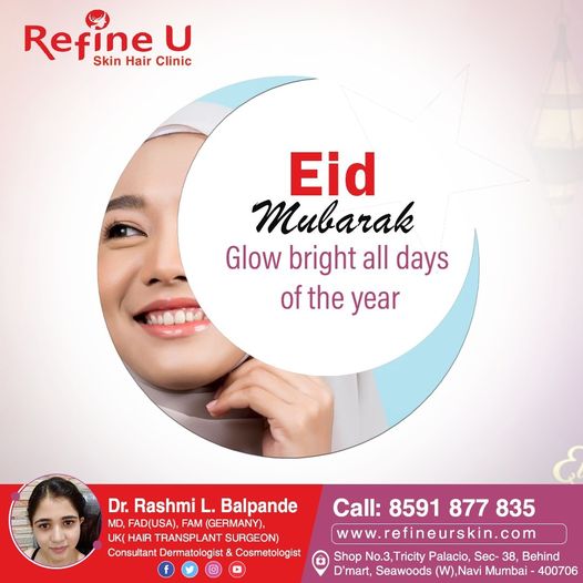 refine_u's tweet photo. Glow bright all days of the year.. 
Eid Mubarak. 
. 
. 
 #eid #eidmubarak #Eidulfitr2022 #skinwhitening #skincare #laserhair #haircare  #earlobestretching #acnescarsremoval #cosmetologistinseawood #dermatologistinseawood #RefineU #DrRashami #RefineU #seawoods #navimumbai https://t.co/7b984azMVN