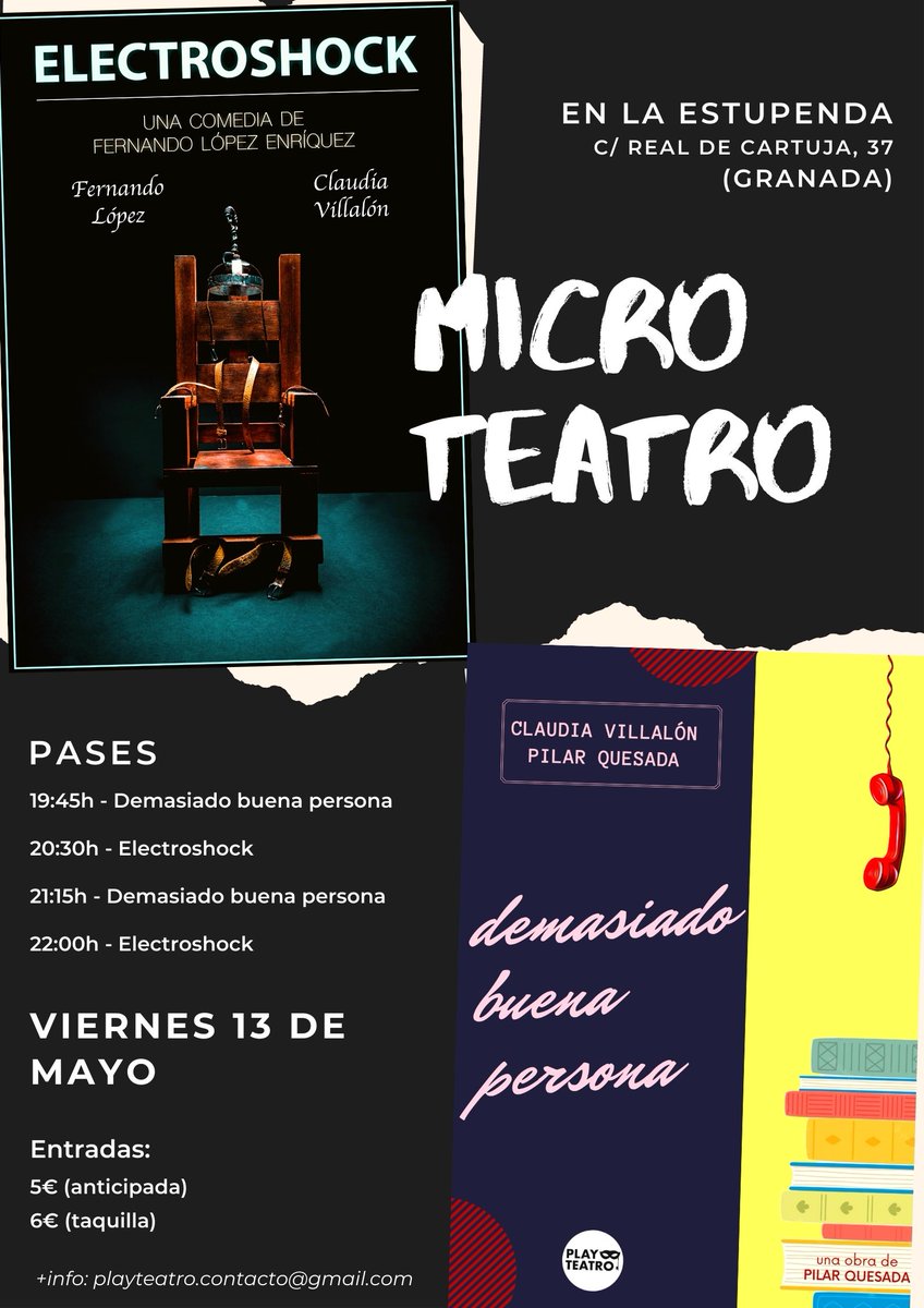 El viernes 13 de mayo ESTRENAMOS nueva obra de microteatro en La Estupenda, #Granada. 

Entradas anticipadas (5€): entradium.com/events/playtea…