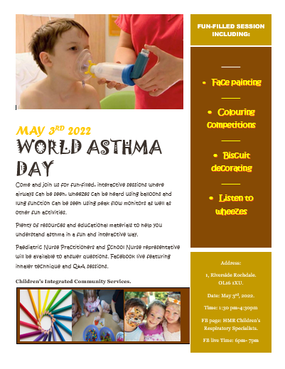 The HMR Children’s Respiratory Specialists are holding an asthma awareness drop in session today. Come along to ask any questions about asthma.

Venue: 1, Riverside Rochdale, OL16 1XU
Time: 1.30-4.30pm

#WorldAsthmaDay2022 
#WorldAsthmaDayGM