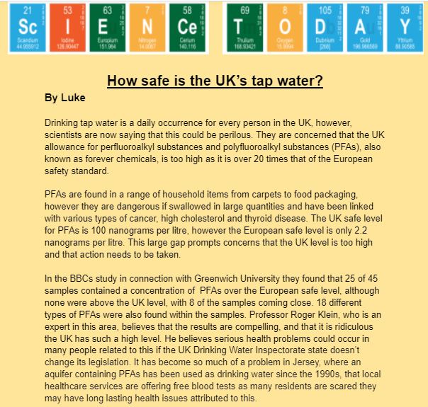 JHGS_Science's tweet photo. Do catch up on the latest article from the JHGS Science newspaper. This piece has been written by Luke in L6 about how safe our tap water is! 🥤🔫🌊#safewater #scienceinthenews @JHGSHW @thameswater https://t.co/kzSTLOh8oI