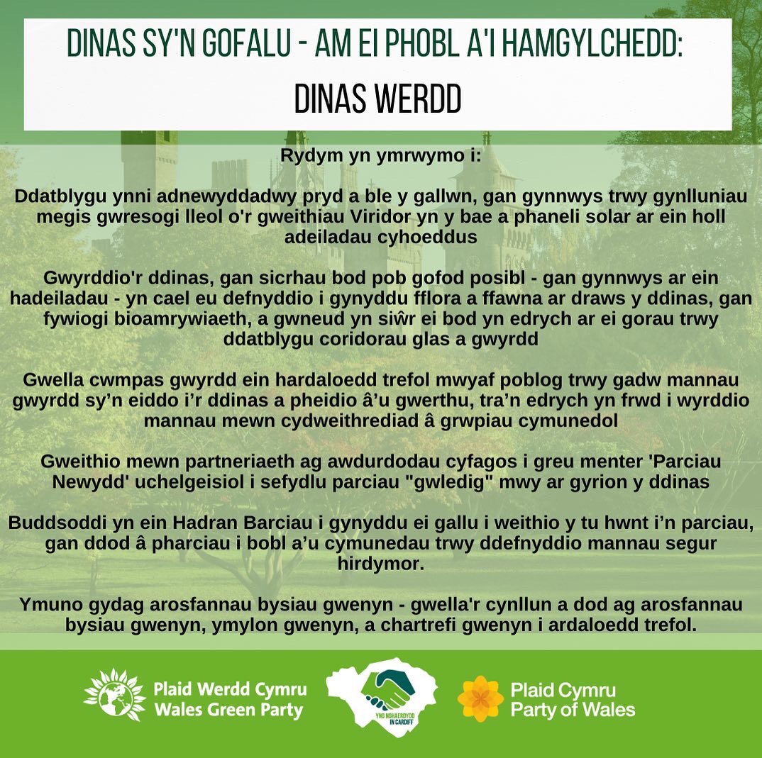 🌳These are all ways we will address the climate and nature emergencies:

🗳If you care about the future of your planet and your city, vote for us on the 5th May 

📲 To read more of our manifesto &amp; to find out what else we will do for you, head to commonground.cymru