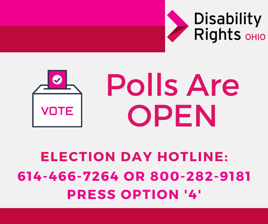 DisabilityRtsOH's tweet photo. If you have questions or concerns, or if issues arise preventing you from exercising your right to #vote, call our #ElectionDay Hotline by dialing 614-466-7264 or 800-282-9181 and selecting option "4."

Our team will be available until the polls close at 7:30 this evening. https://t.co/D2gKTn392z