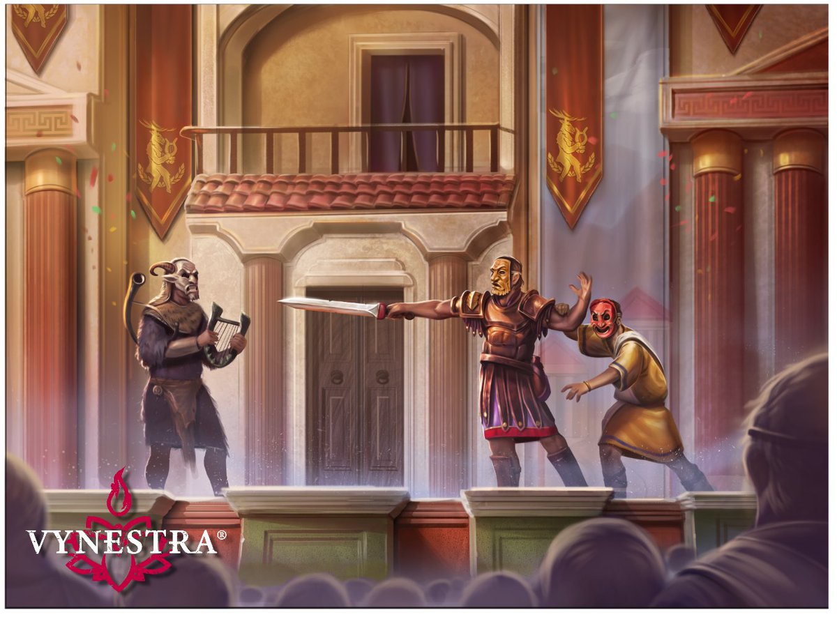 Aldarin theatre is a spectacle to behold. Raucous comedies and tumbling tragedies grip the attention of the crowds. Most of these plays are based current events, satirizing politicians, monsters, and daily life in the empire. #dnd5e #ttrpg #ttrpgart
Art by <a href="/DannyPavlov/">Danny Pavlov</a>