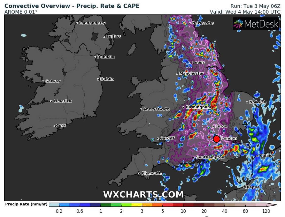 It’s looking interesting on the thunder front tomorrow afternoon .
If you are in the east and south east , some lively showers will be developing through the course of Wednesday afternoon .
V #ukweather #thunderstorm