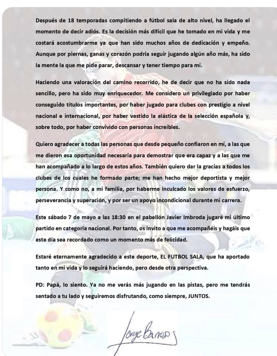 PlayMelTv's tweet photo. Uno de los jugadores más grandes que ha dado el fútbol-sala melillense, caso de Jorge Barroso @Jbarroso6 anuncia su retirada. “Cuando uno da todo, no tiene nada que reprocharse.
⚽
#Findeltrayecto https://t.co/L5YmE5dEsv