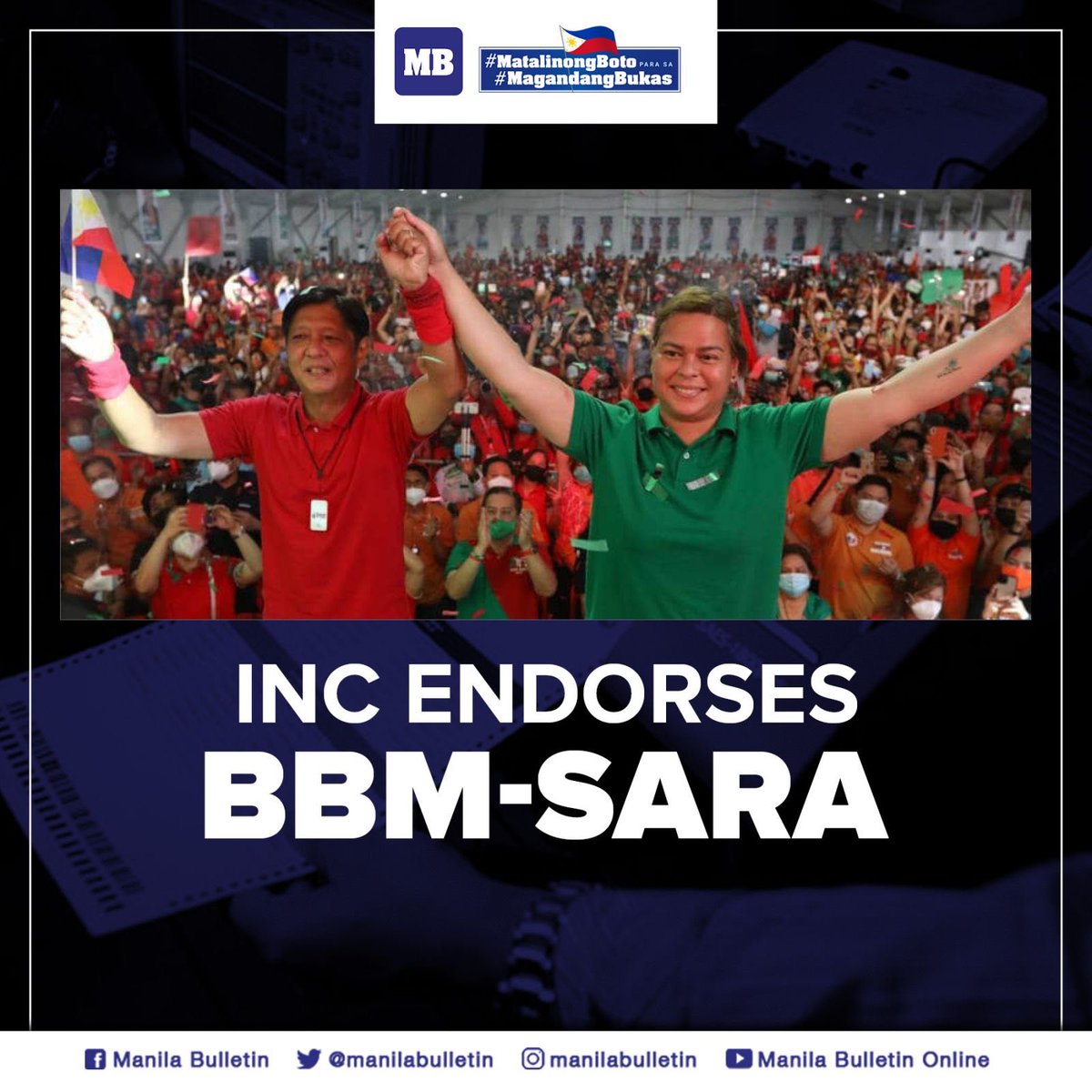 manilabulletin's tweet photo. JUST IN: The Iglesia ni Cristo leadership officially announces their endorsement for the BBM-Sara tandem for the May 9 polls through the Mata Ng Agila Primetime News on the INC-owned channel NET25 on Tuesday, May 3. https://t.co/428rNxf2ea