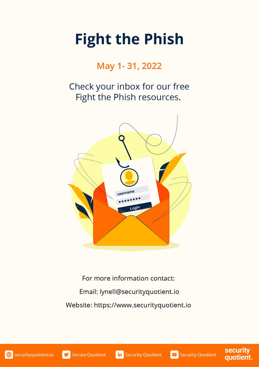 SecureQuotient's tweet photo. Security Quotient is excited to launch a Phishing Awareness campaign for the month of May. For our free Phishing Awareness Campaign: https://t.co/FPoECnkjfe

For our free resources page: https://t.co/IMcmHALyBS

#phishing #phishingattacks #securityawareness #cybersecurity https://t.co/ihBhictbK0