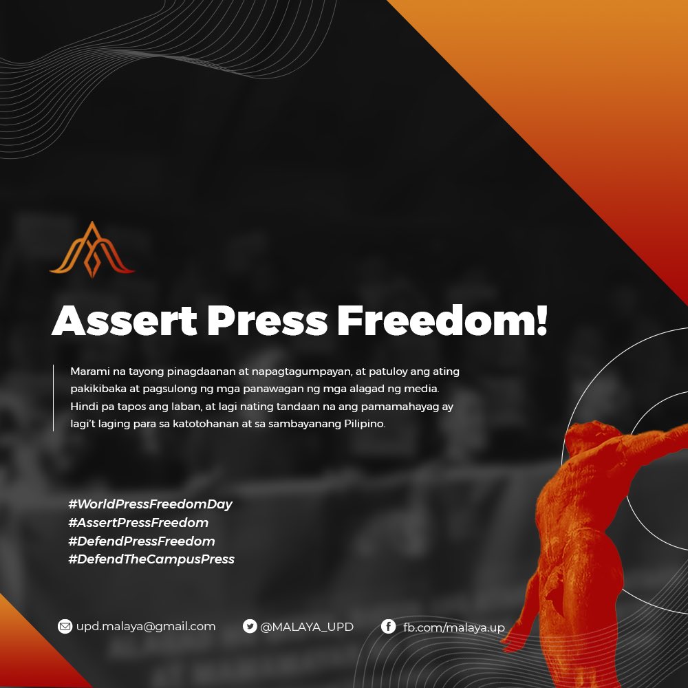Hindi pa tapos ang laban, at lagi nating tandaan na ang pamamahayag ay lagi’t laging para sa katotohanan at sa sambayanang Pilipino.

Basahin ang buong pahayag: bit.ly/MALAYAUPDWPF20…

#WorldPressFreedomDay
#AssertPressFreedom
#DefendPressFreedom
#DefendTheCampusPress