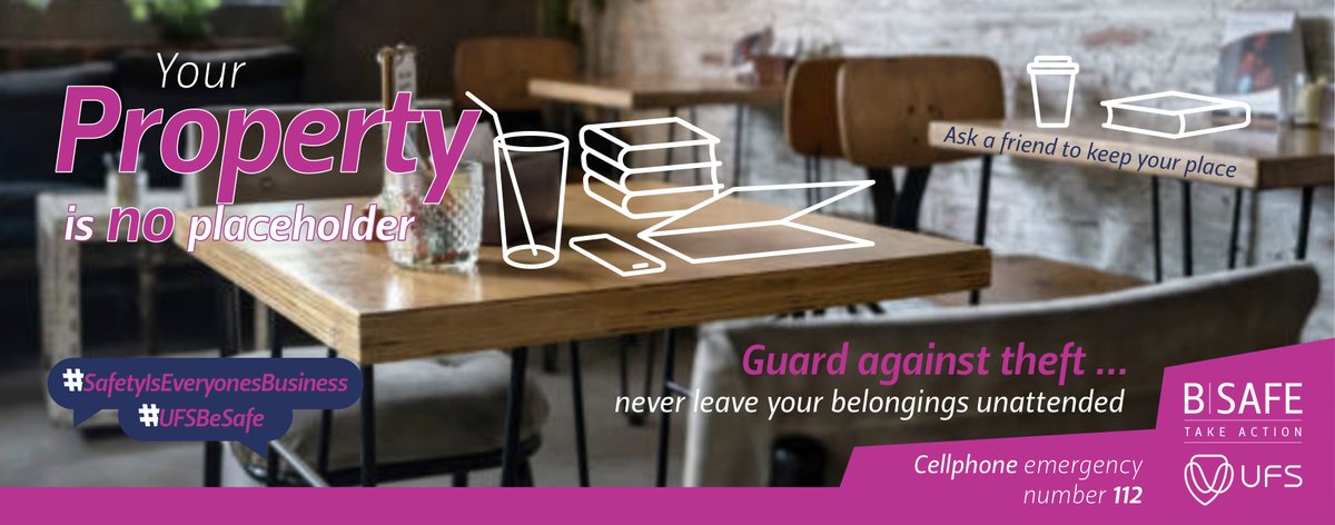 UFSweb's tweet photo. Safety Tip: Increase in theft incidents
The University of the Free State has been alerted to an increase of incidences of theft, including laptops and cellphones.
#BAware #BSafe https://t.co/nhYPCYUSIC