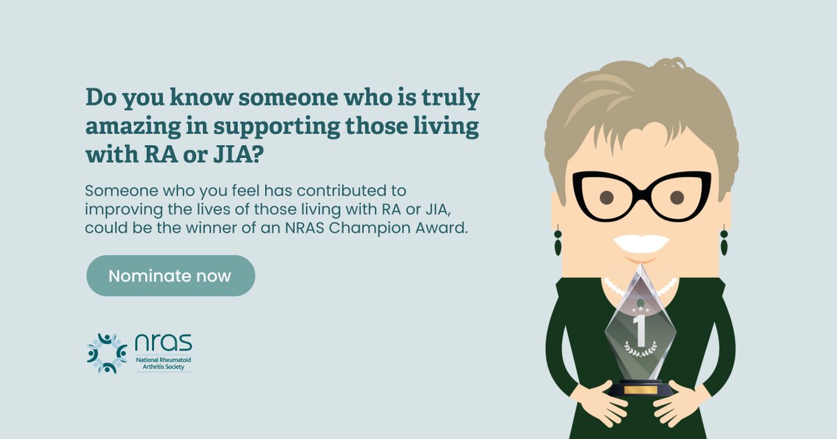 NRAS_UK's tweet photo. NRAS Champions' Awards' are open for nominations now until 16 May. Someone who you feel has contributed to improving the lives of those living with RA or JIA, could be the winner of an NRAS Champion Award. 

Nominate your NRAS champion here: https://t.co/nqZM3KVZ7f https://t.co/mIBofBVs1P