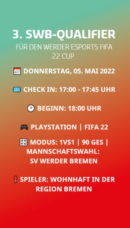 swb_online's tweet image. 🎮 @WerdereSPORTS Cup 22: Wir wollen den Titel verteidigen! ⚽ Melde dich jetzt für das letzte swb-Qualifier an &amp;amp; qualifiziere dich für das große Finale im wohninvest #Weserstadion 🏟️

bit.ly/3MNkXu0

#teamswb #esport #fifa22 #titelverteidigung