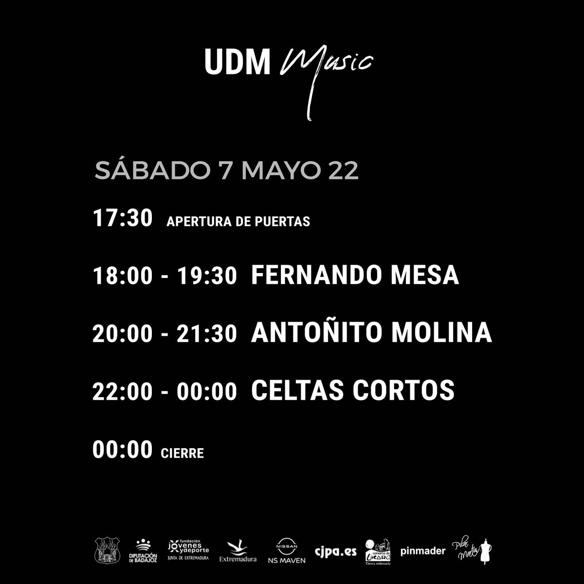 udmmusicfest's tweet photo. 🗓 𝗛𝗢𝗥𝗔𝗥𝗜𝗢𝗦 𝗨𝗗𝗠 𝗠𝗨𝗦𝗜𝗖 🎶
Ya están disponibles los horarios para la nueva edición del #UDMMusic 🎵.
📍 Montijo
🗓️ Sábado, 7 de May.
🎟️ Venta física:
@Correos, #Pinmader y #PilarMartinShop
🎟️ Venta online:
https://t.co/W1Xq8Onm06 https://t.co/dFc42efIDR