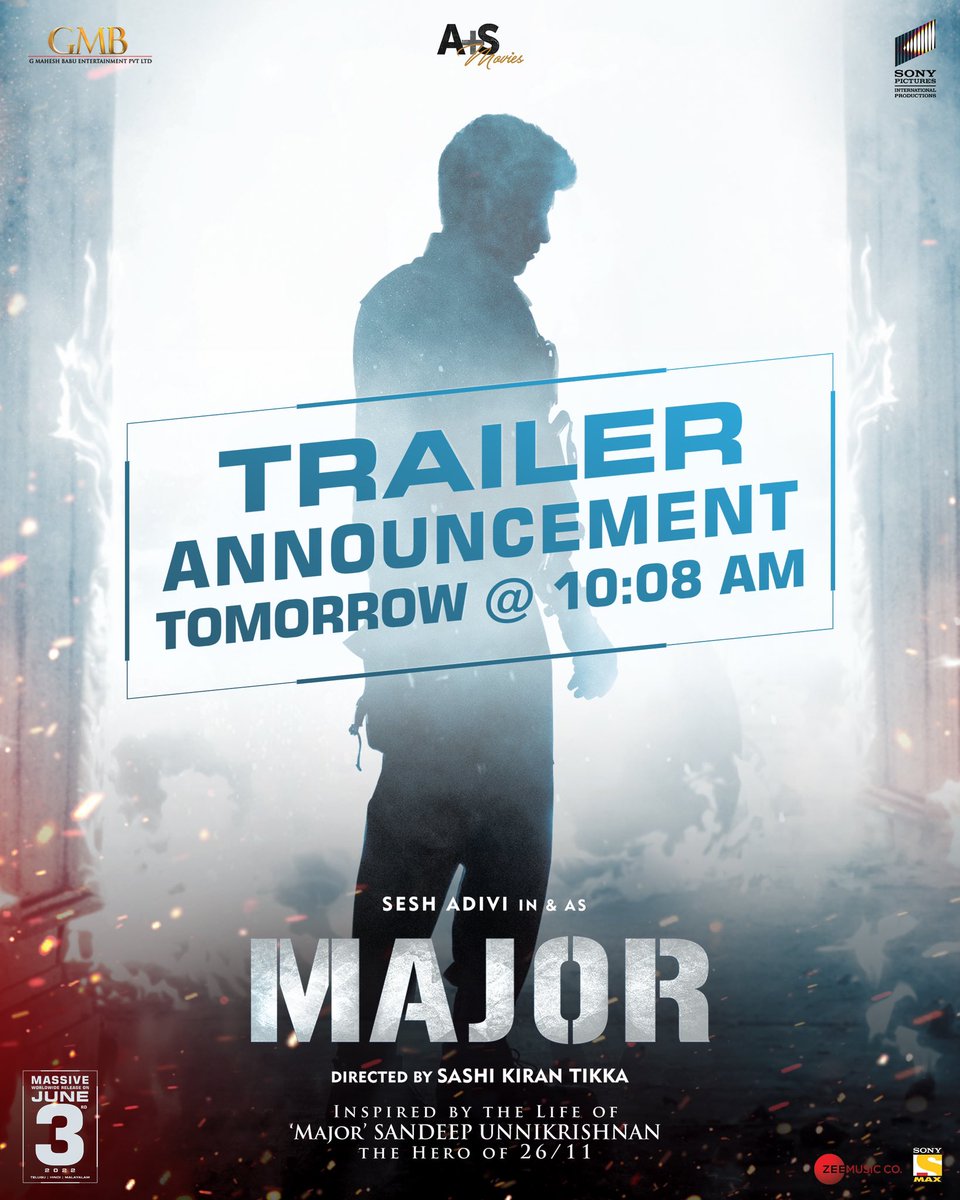 ‘MAY’JOR Month Begins! ❤️‍🔥 Announcement tomorrow at 10:08 AM 📢 #MajorTheFilm #MajorOnJune3rd @AdiviSesh @prakashraaj @saieemmanjrekar #SobhitaDhulipala @SashiTikka @urstrulyMahesh #SriCharanPakala @sonypicsindia @GMBents @AplusSMovies @ZeeMusicsouth