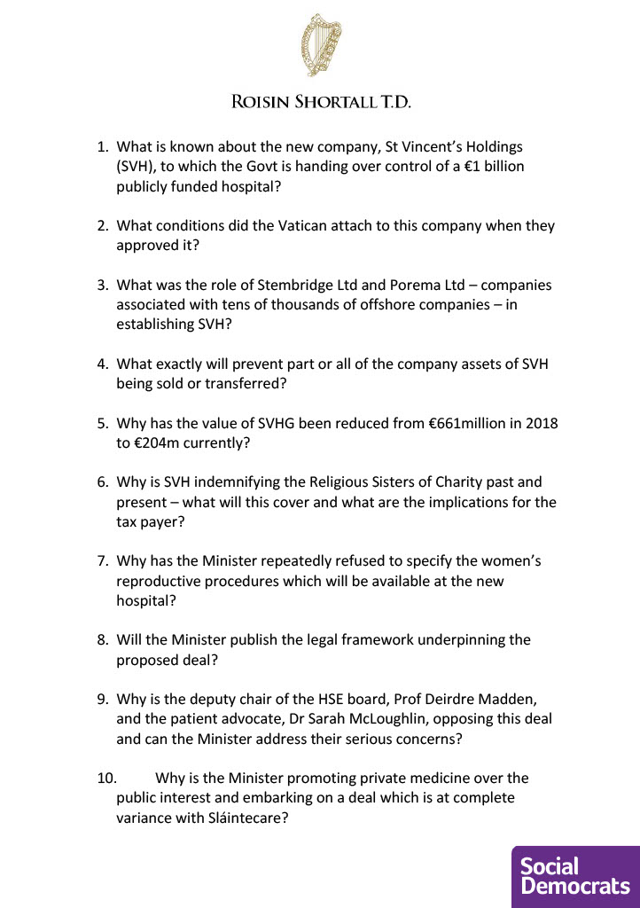 RoisinShortall's tweet image. The Government must answer these questions on the new private company, SVH, and must publish the legal framework before deciding on the NMH transaction. 
@MichealMartinTD @LeoVaradkar @DonnellyStephen