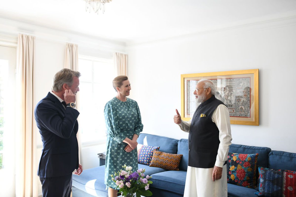 dpradhanbjp's tweet photo. India’s soft power and Odisha’s treasure in the form of Pattachitra painting adorns the Denmark PM HE Frederiksen’s residence. She gave a tour of her residence to Hon. PM @narendramodi ji and showed the painting gifted by PM Modi during her last India visit. Proud moment! https://t.co/bQjzwWWalM
