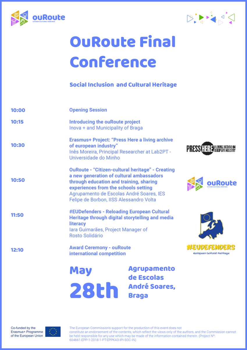 🔜 COMING SOON! ouROUTE FINAL CONFERENCE in Braga, Portugal 🇵🇹 will take place on the 28th of May.

You can register and check the programme here:
👇
ouroute.eu/.../03/final-c…

#ouroute #culturalheritage #erasmusplus #finalconference