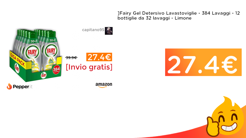 PepperOfferte's tweet photo. #OFFERTE ](https://t.co/SYvba9poGq)Fairy Gel Detersivo Lavastoviglie - 384 Lavaggi - 12 bottiglie da 32 lavaggi - Limone 27.44€  ➡️ https://t.co/gS2lGaDf6s https://t.co/ws7CRjZ3hq