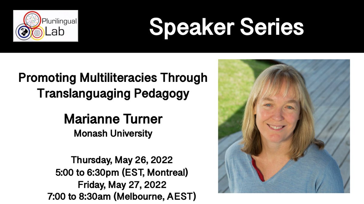 You’re kindly invited to our next <a href="/PlurilingualLab/">Plurilingual Lab</a> Speaker Series talk "Promoting Multiliteracies Through Translanguaging Pedagogy" with Dr. @MarianneVTurner of <a href="/MonashEducation/">Monash Education</a>: May 26, 5-6:30pm (ET) via Zoom💻
Click below for info + free registration⬇️
bit.ly/3vCgPXK