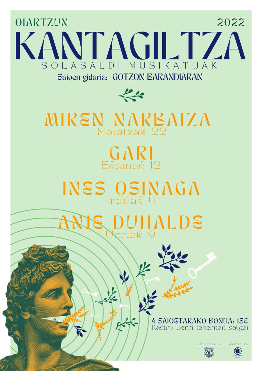 KANTAGILTZA 2022, solasaldi musikatuak!
❗Gogoan izan  ondorengo datak:

( Sarrera- txartelak salgai ostegunetik aurrera) 

👇Kartelaren egilea: Karen Muñoz