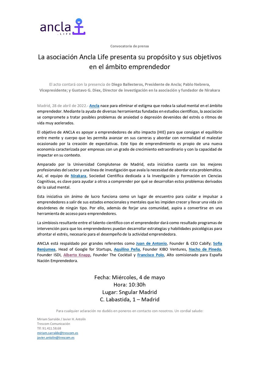 Mañana presentamos <a href="/AnclaLife/">Ancla.Life</a> a medios, nos vendría genial que se lo hagas llegar a amigos periodistas que les pueda interesar, necesitamos difusión para seguir adelante 💪🏻
Gracias!!
