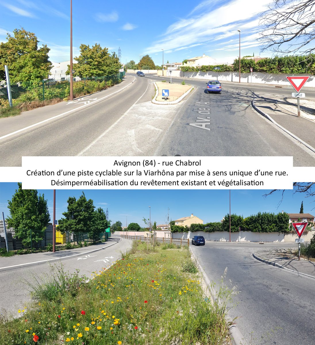 oliviermarquet8's tweet photo. Avant/après !
Sur #Avignon, la mise à sens unique de la petite rue Chabrol a permis de créer une #pistecyclable et une prairie fleurie en désimpermabilisant par enlèvement de l'enrobé existant.
Simple, frugal, efficace !🤩
#velo #desimpermeabilisation https://t.co/Lzuv9v0agu