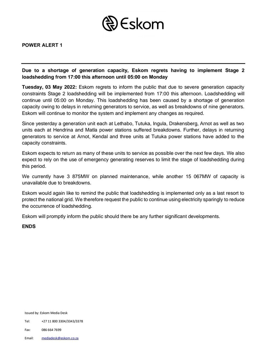 Eskom_SA's tweet photo. #poweralert1
Due to a shortage of generation capacity, Eskom regrets having to implement Stage 2 loadshedding from 17:00 this afternoon until 05:00 on Monday https://t.co/OFZpCiUP6Z