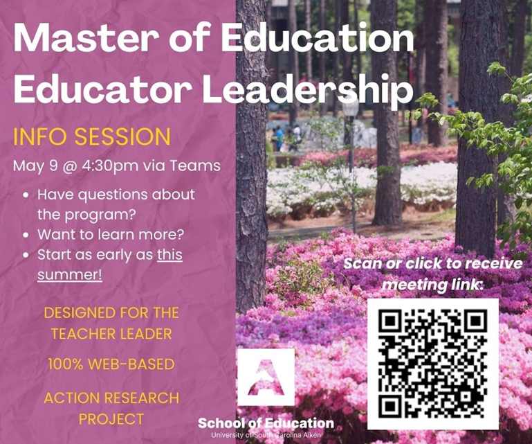 EDUCATORS!! Turn your graduate credits into a Master's degree <a href="/USCAiken/">USC Aiken</a>! Find out more at the info session. <a href="/uscaalumni/">USCA Alumni</a> <a href="/AikenPublicSch/">AikenCoPublicSchools</a> <a href="/RichlandOne/">Richland One Schools</a> <a href="/TeamDDTwo/">Dorchester School District Two</a> <a href="/CharlestonCoun1/">Charleston County School District</a> <a href="/gcschools/">Greenville County Schools</a>